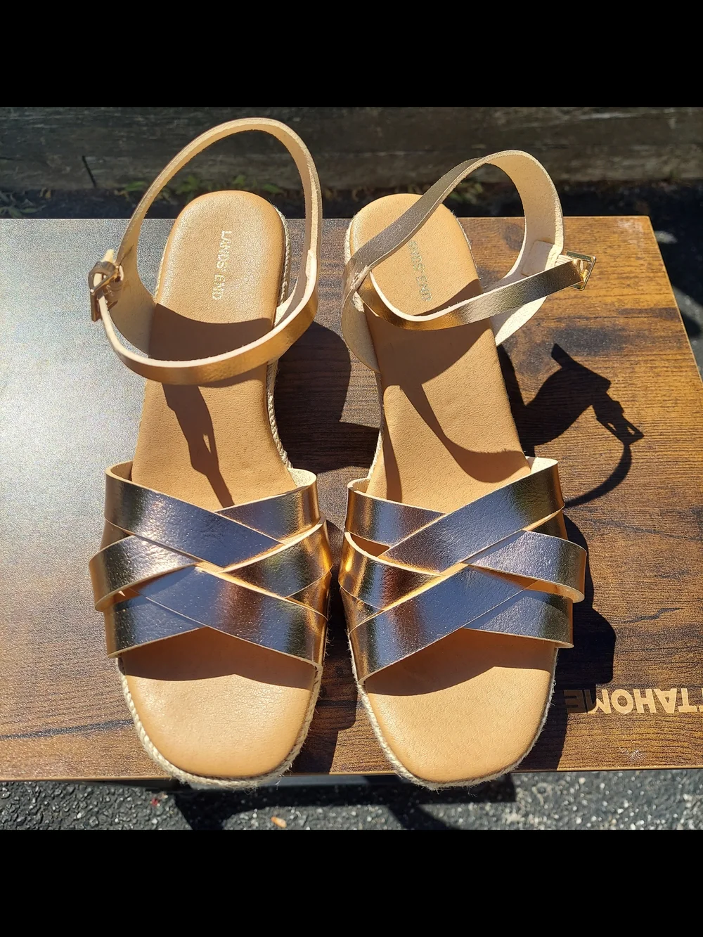 Lands End Metallic Rose Gold Espadrille Wedge Sandals Women Size 8.5 Coastal - Picture 3 of 14